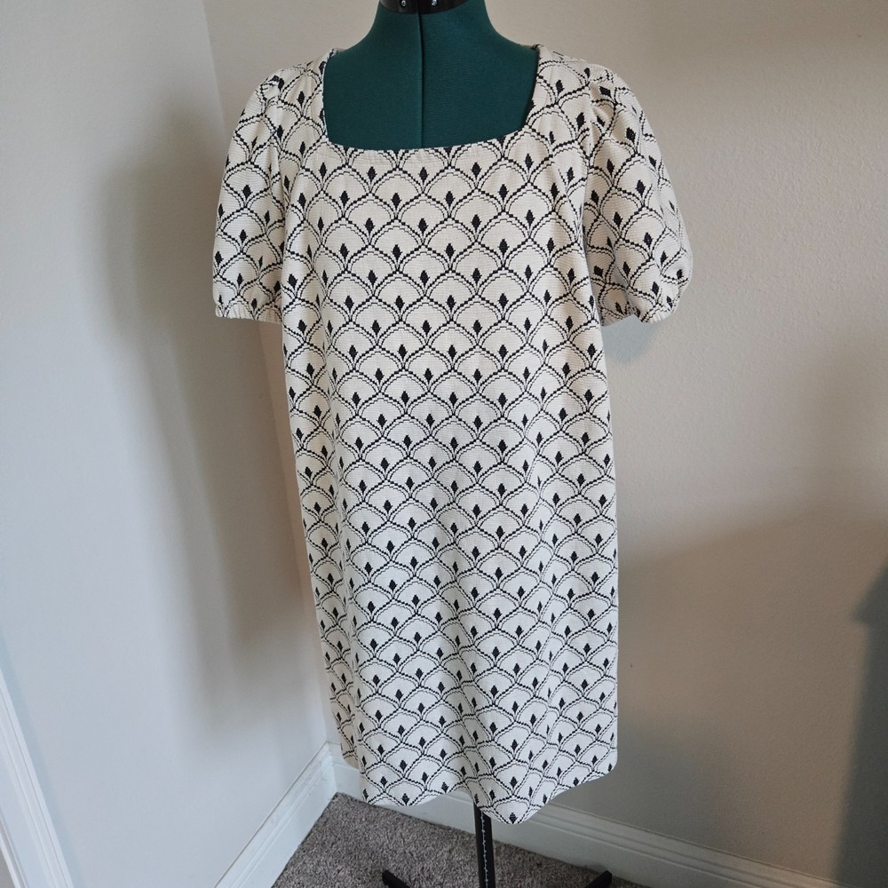 Loft Outlet Womens Dress Size Large Cream & Black Basketweave Print Puff Sleeves